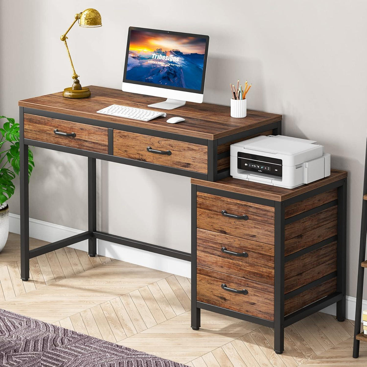 Schreibtisch mit 5 Schubladen & Aktenschrank – Braun