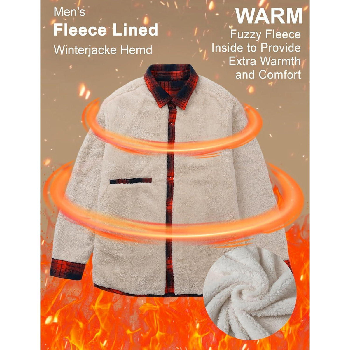 Herren Winterjacke Hemd Kariert Gefüttert Orange