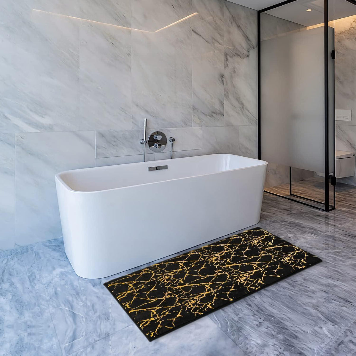 Rutschfeste Badematte Schwarz Gold Mikrofaser 60x120 cm