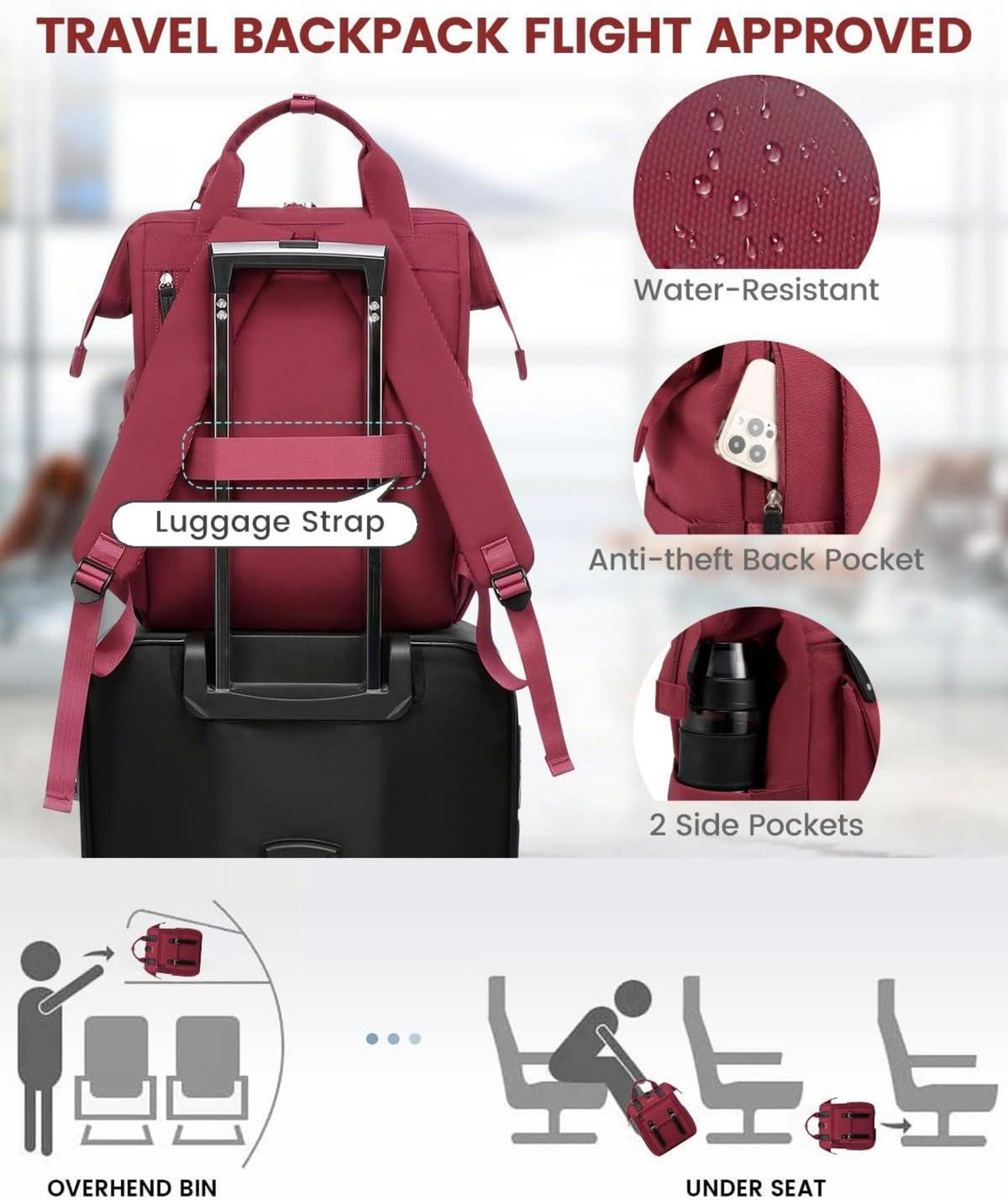 Laptop Rucksack Damen 15,6 Zoll Schulrucksack Wasserdicht Rot USB Charging