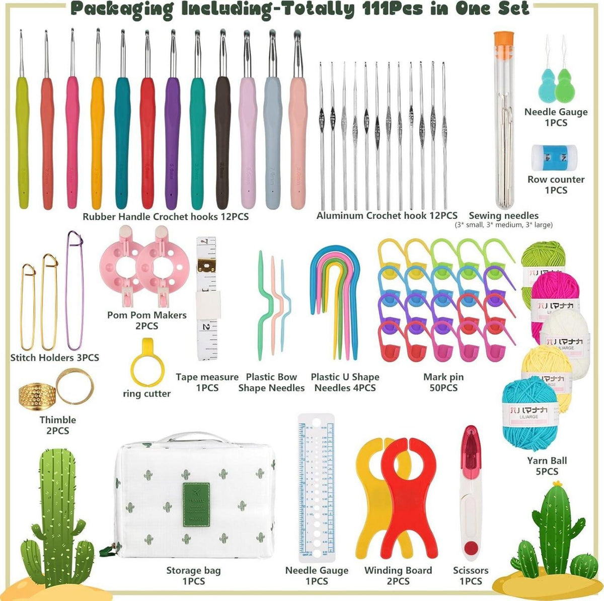 Häkelnadel Set 111 Stück Häkelset Anfänger 0.6mm-8mm Ergonomische Häkelnadeln Crochet Set Tragbare Tasche Strickzubehör Set