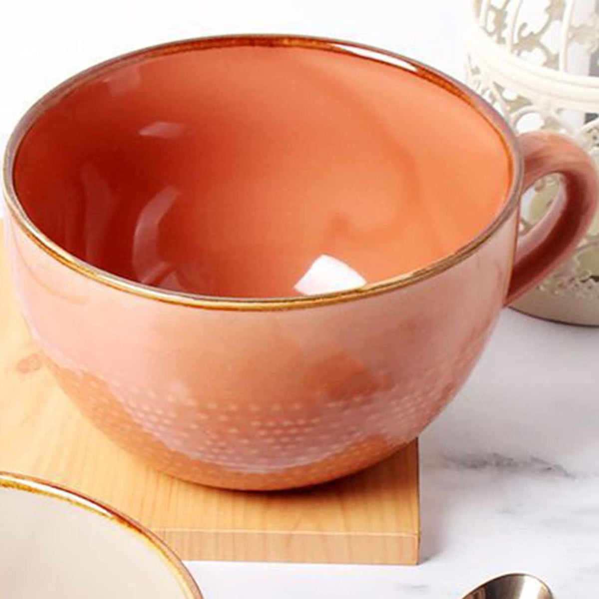 Groß Keramik Kaffeetasse Tee Suppentasse 700ml Orange Henkel
