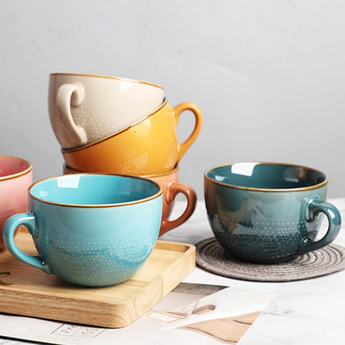 Große Keramik Tasse 700ml Kaffee Tee Suppentasse Orange Henkel XXL