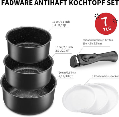 Kochtopf Set 7 tlg 16-18-20cm abnehmbarer Griff Induktion Antihaft
