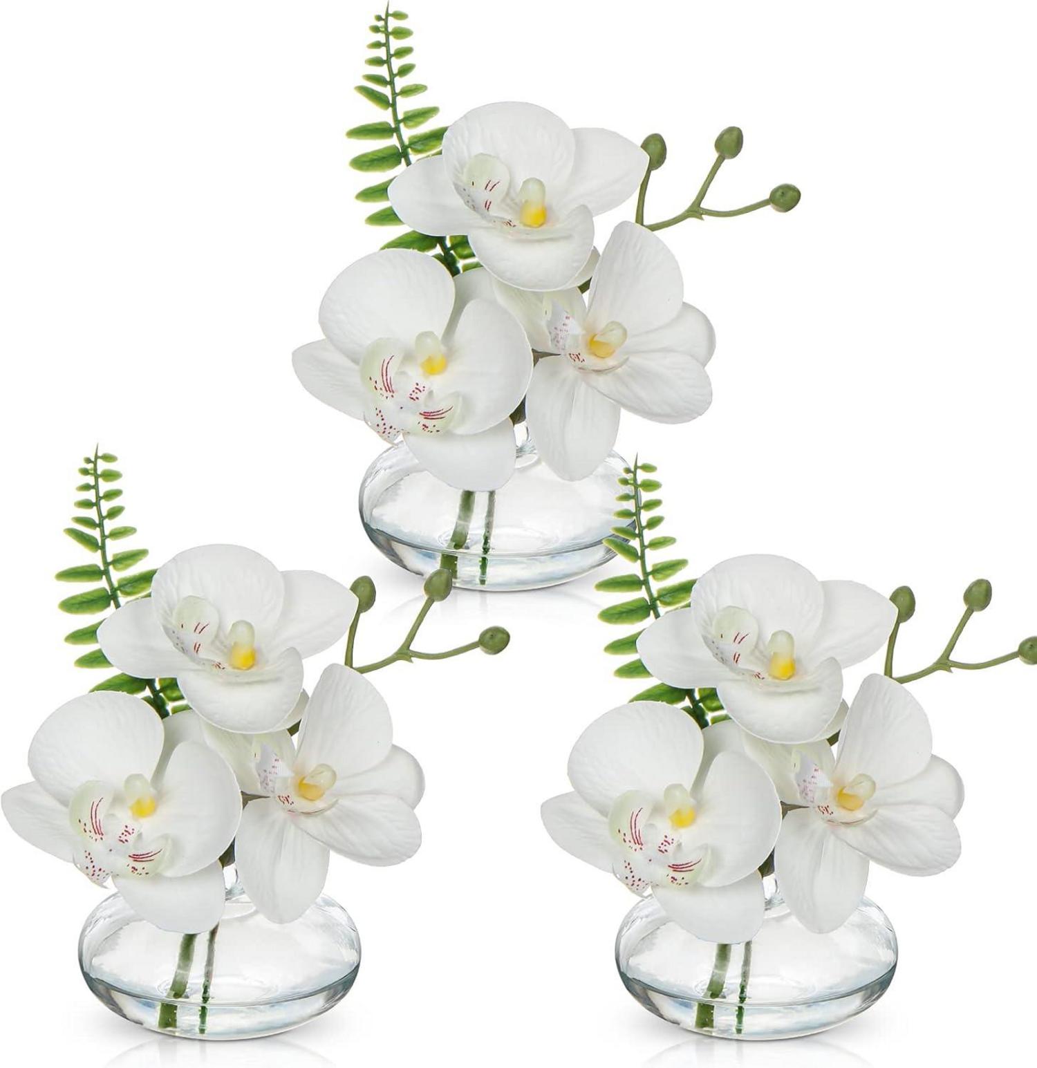 Kunstblumen Orchideen Deko 3er Set Glasvase Bad Wohnzimmer Büro