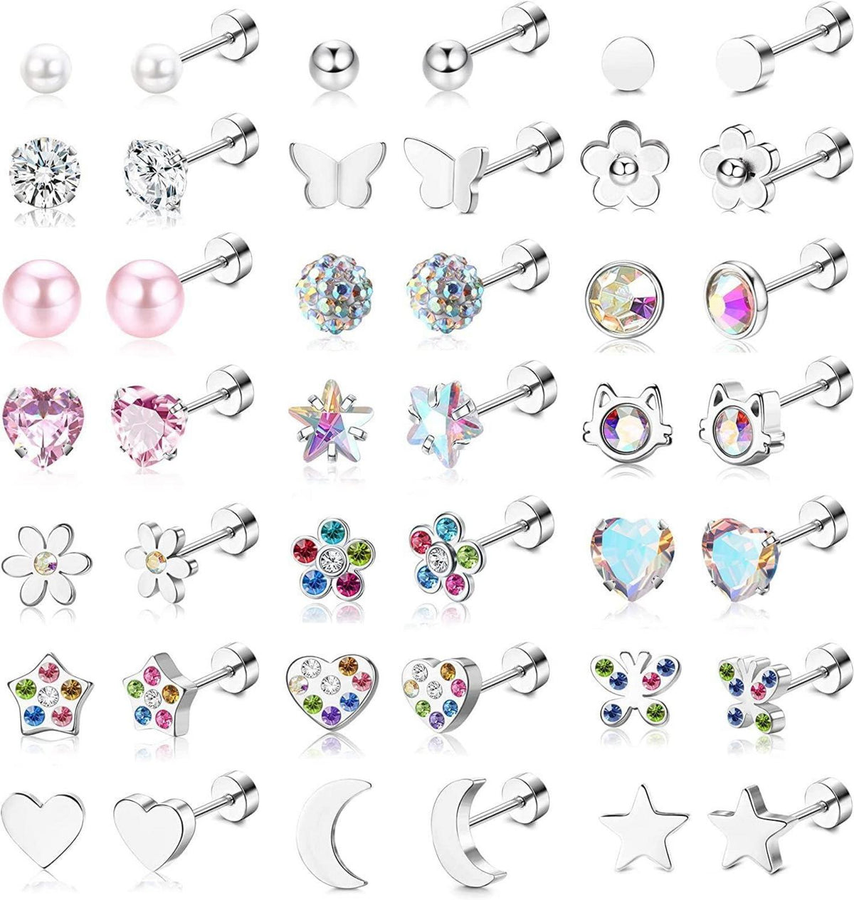 21Paar Kleine Ohrstecker Set Zirkonia Hypoallergen Spiralrücken