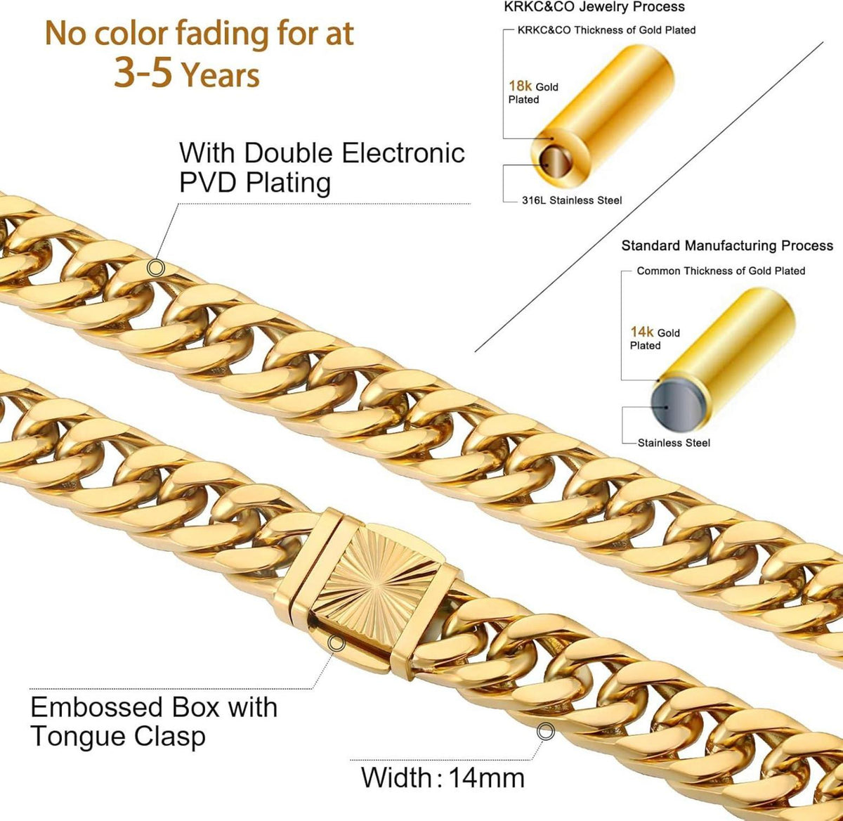 Panzerkette Armband Herren Edelstahl 18K Gold Cuban Link Chain Silberkette 50.8cm