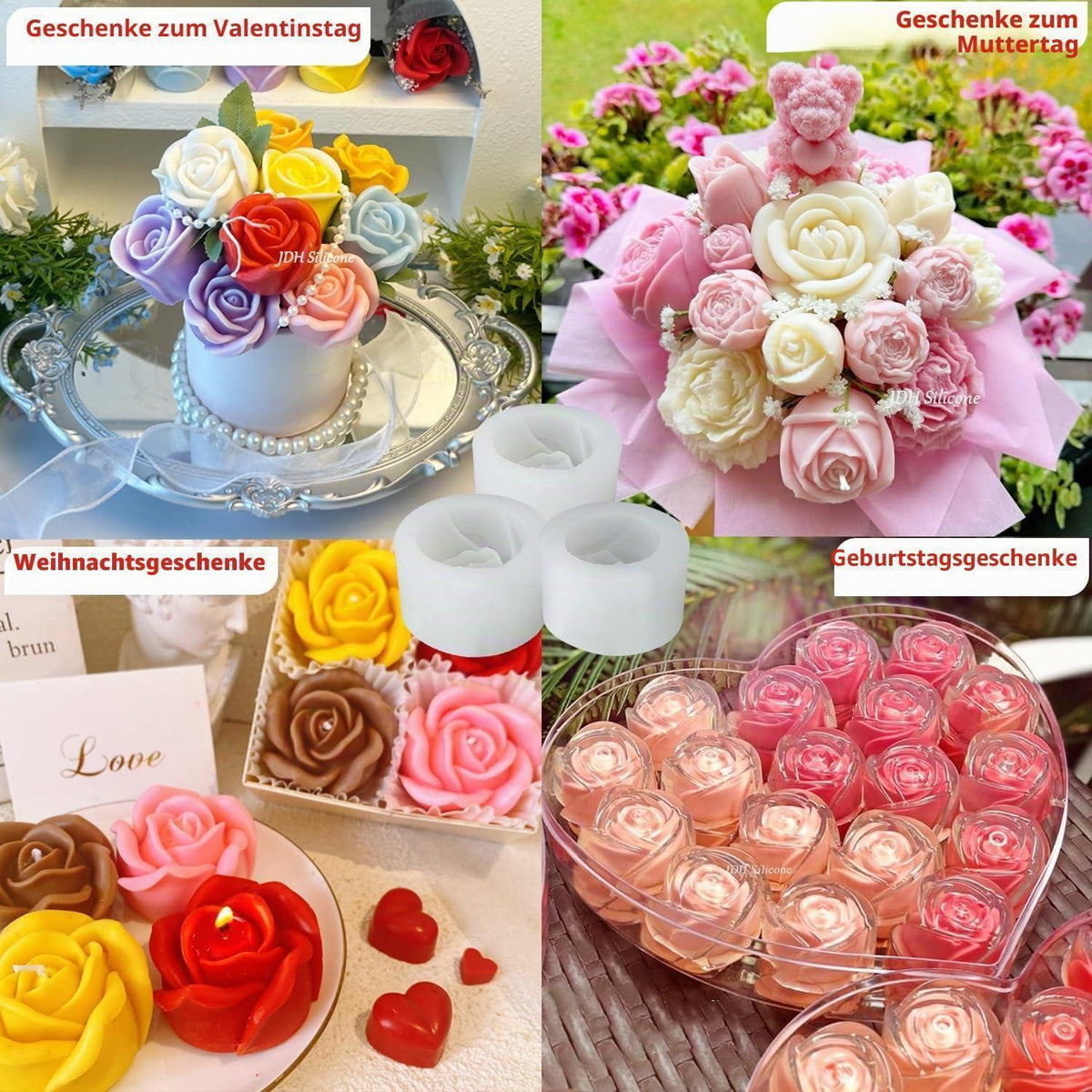 Rose Silikonform 3er Set für Kerzen, Seifen & Gießharz