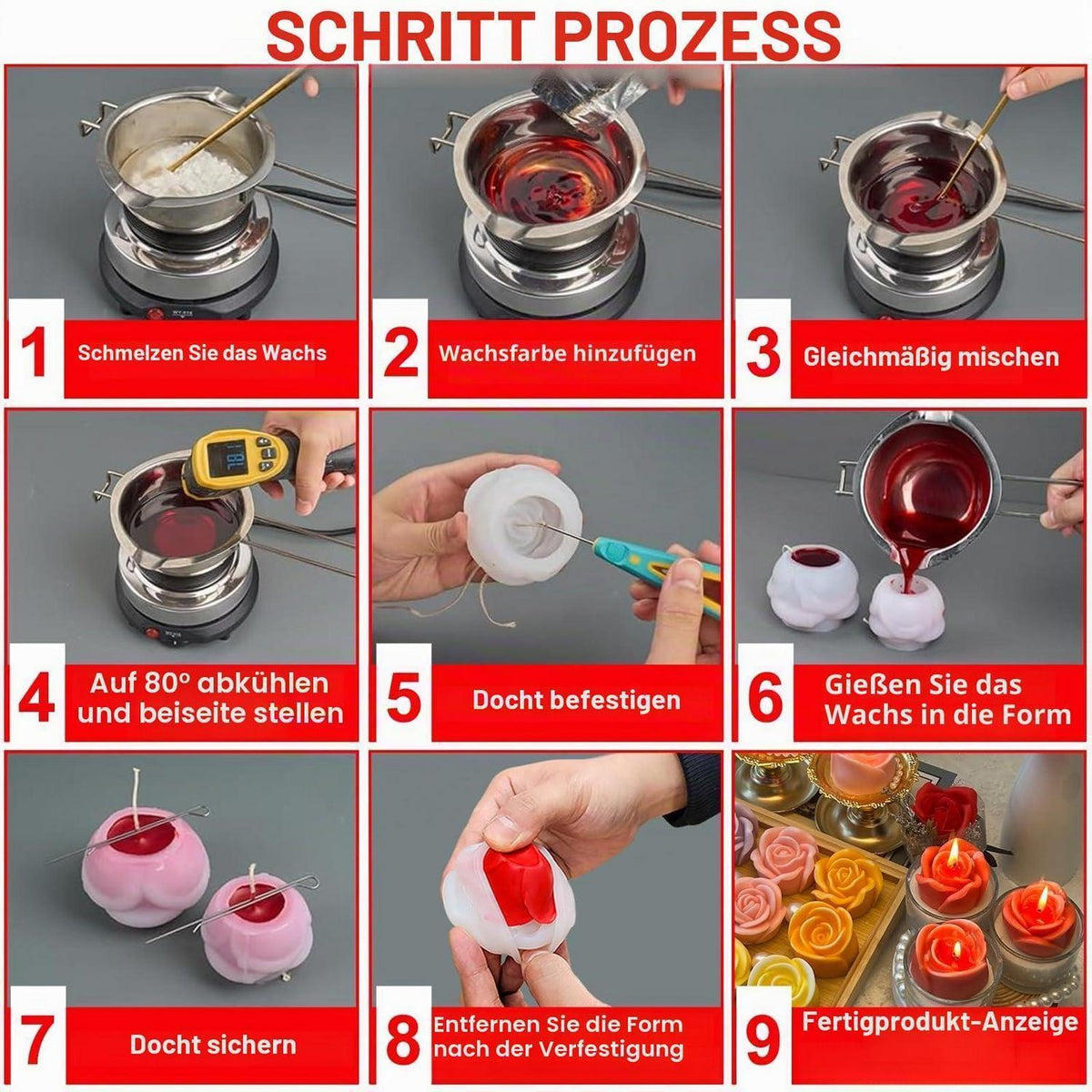 Rose Silikonform 3er Set für Kerzen, Seifen & Gießharz