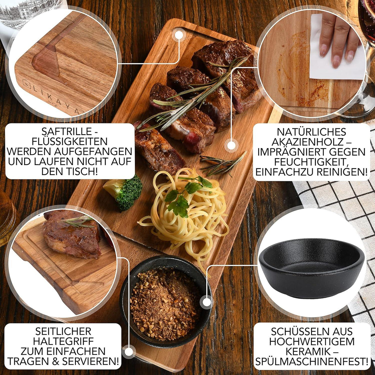Servierbrett Akazienholz FSC® zertifiziert mit Saucen Schüsseln 2er Set