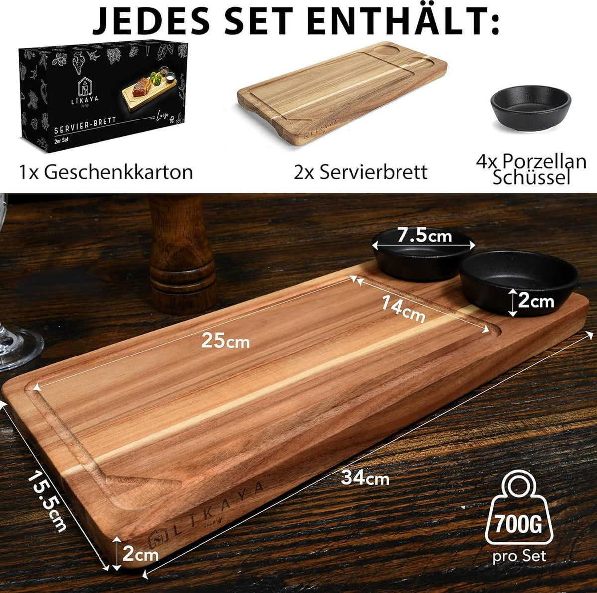 Servierbrett 2er Set Akazien-Holz mit Saucen Schüsseln - Grill Zubehör