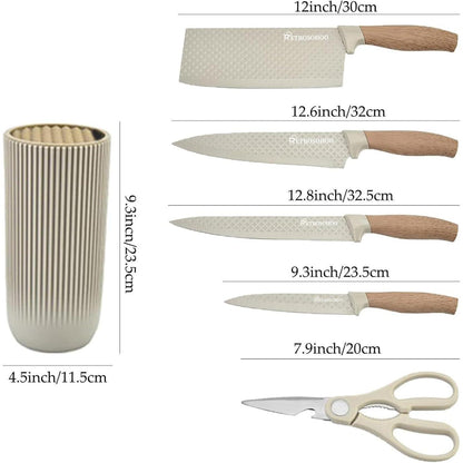 6-teiliges Khaki Messerset mit Messerblock, Antihaft & Scharf