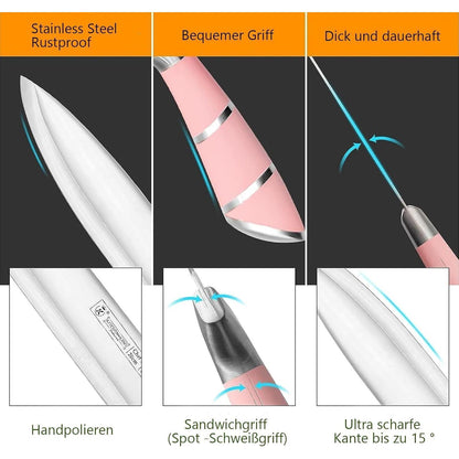 9-tlg. Messerset mit Messerblock, Rosa Edelstahl Küche