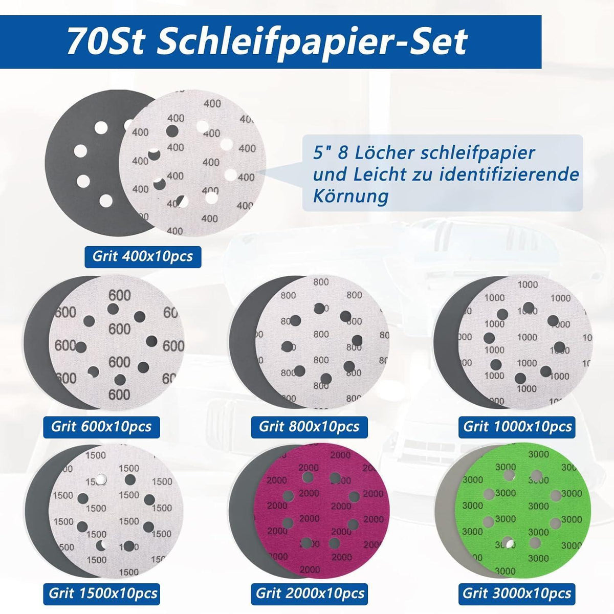 Schleifscheiben 125mm Klett 70 Stück Nass & Trocken, gemischte Körnung