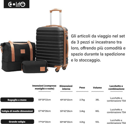 COOLIFE ABS Hartschalen Trolley Koffer 4 Rollen TSA Schloss 3 tlg Schwarz Braun