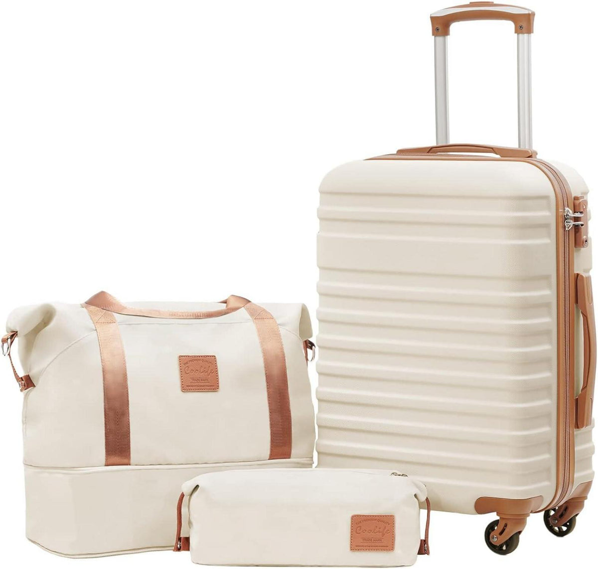 ABS Hartschalen Koffer Set 3tlg mit TSA-Schloss & 4 Rollen Weiß/Braun