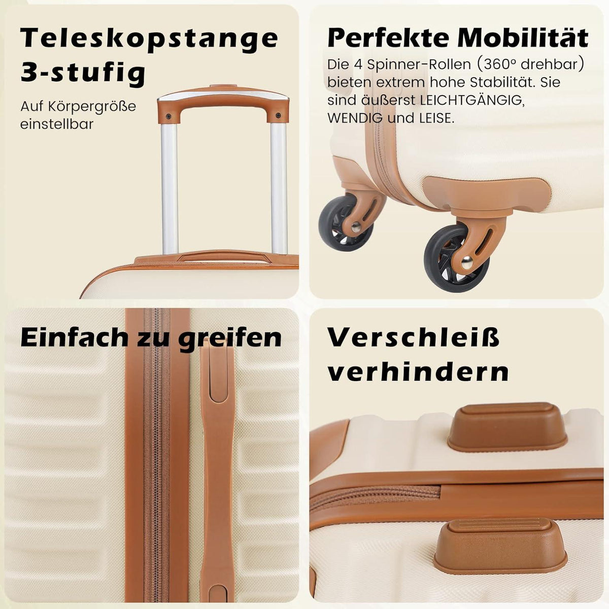 COOLIFE Koffer Trolley Set ABS Weiß/Braun 3tlg Handgepäck Spinner