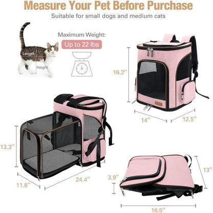Erweiterbarer Haustier Rucksack für Katzen & Hunde bis 10kg, Rosa XL