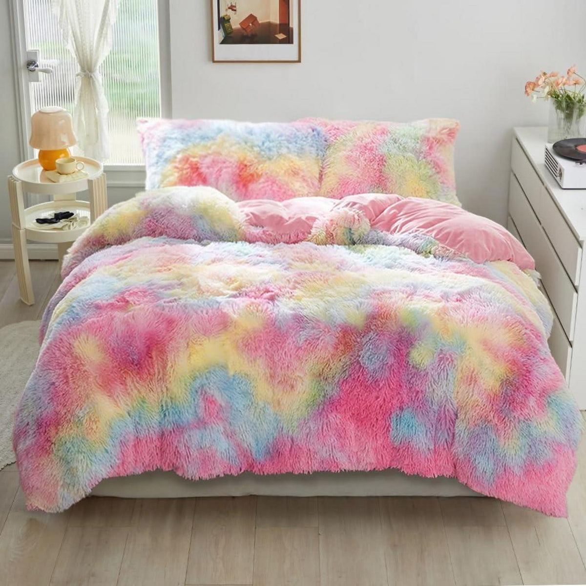 Winter Plüsch Bettwäsche Set Regenbogen Bunt 220x240 cm