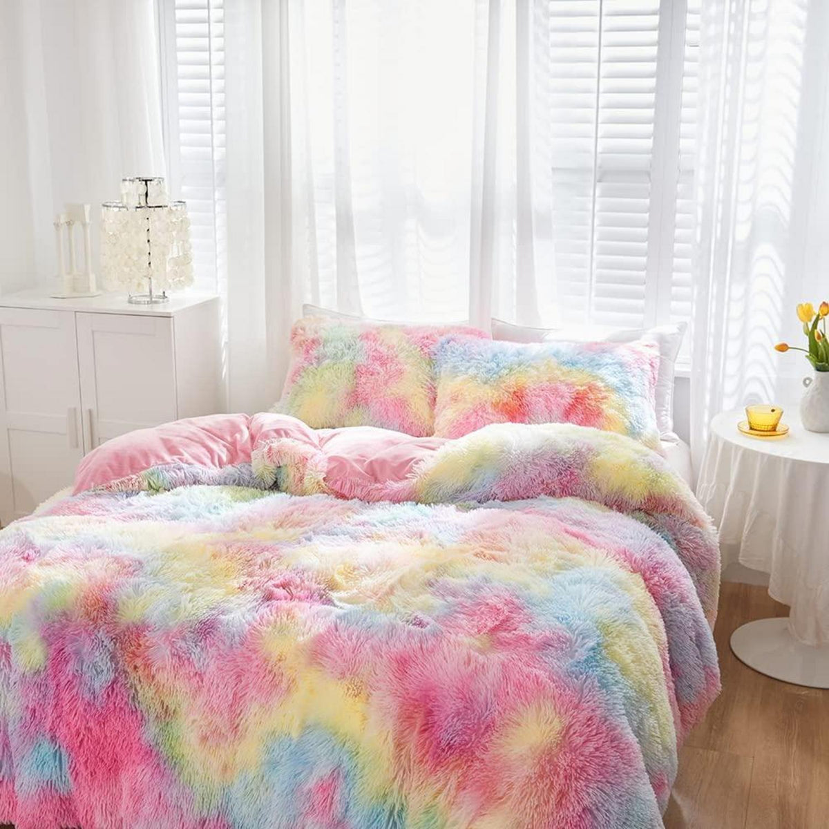 Winter Plüsch Bettwäsche Set Regenbogen Bunt 220x240 cm