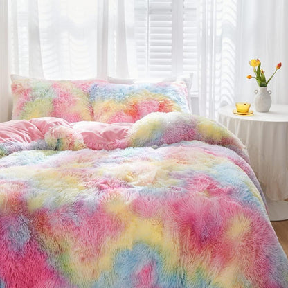 Winter Plüsch Bettwäsche Set Regenbogen Bunt 220x240 cm