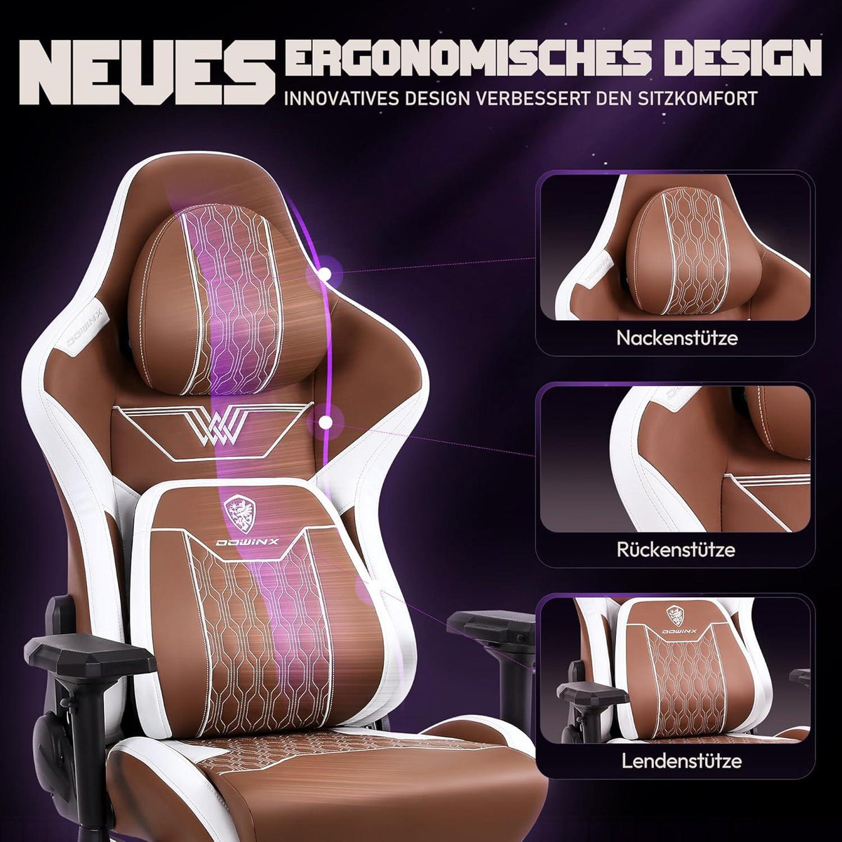 Dowinx Gaming Stuhl 4D Armlehnen Gamer Fußstütze Bürostuhl Lordosenstütze 180KG