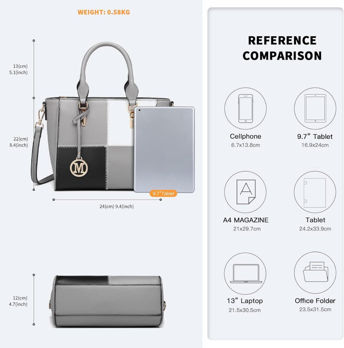 Miss Lulu Damen Handtasche Farbblock PU-Leder mittelgroß Grau