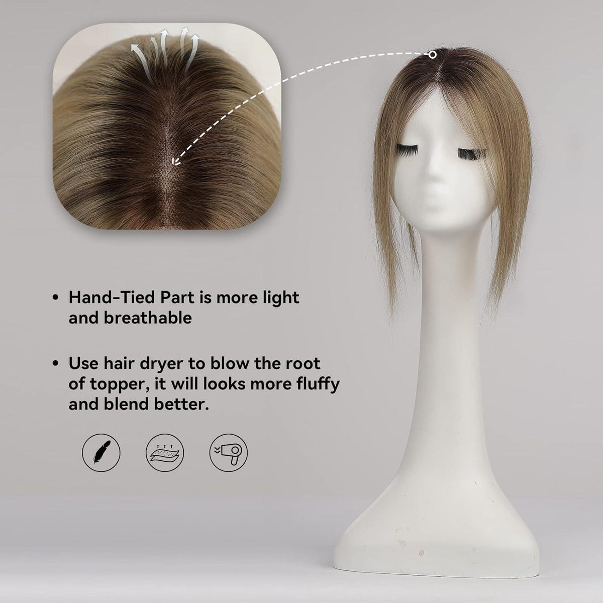 Remy Haar Topper Braun – Handgeknüpft, 12 Zoll