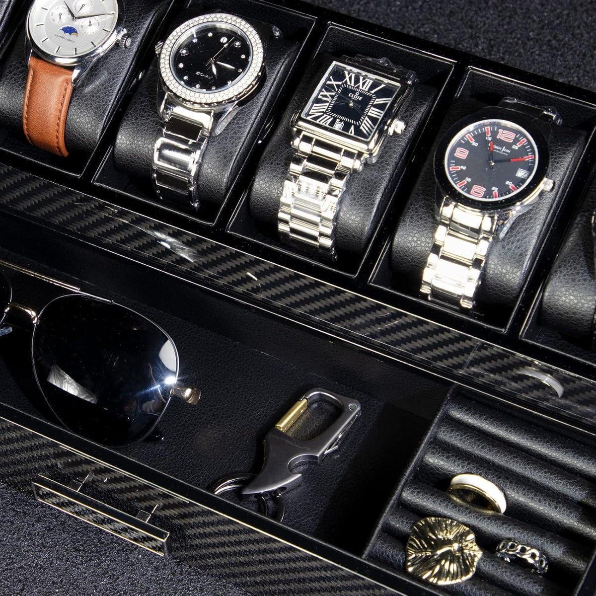 KAMIER Uhrenbox Herren | Carbon Fiber | Echtholz | 6 Fächer