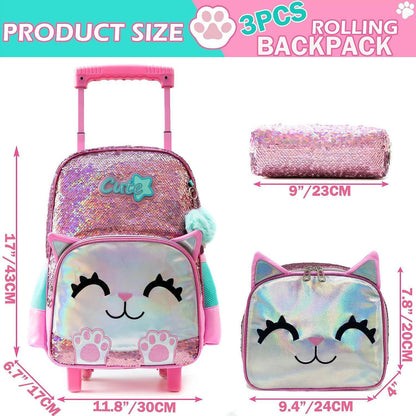 Mädchen Rolling Backpack mit Rädern & Pailletten-Katze 6-8 Jahre