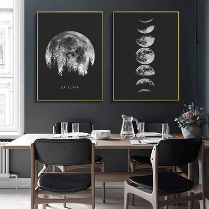 Premium Poster Set Schwarz Weiß Mondphasen Kunstdruck 2er Pack