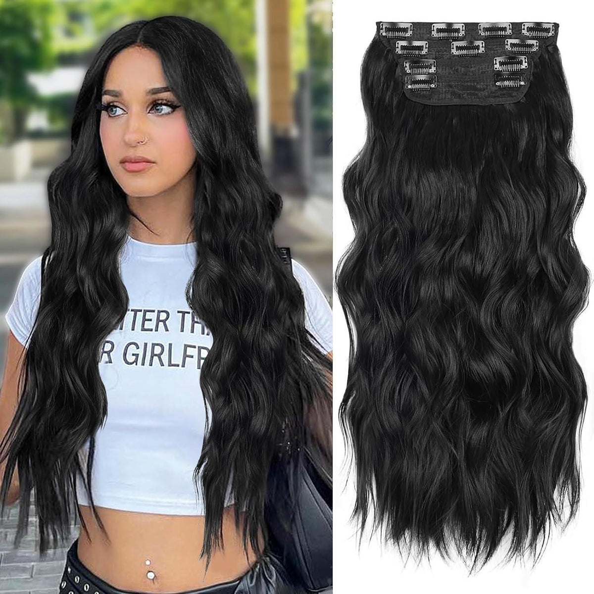 50cm Schwarze Clip-In Haarverlängerung Wellig 1B#