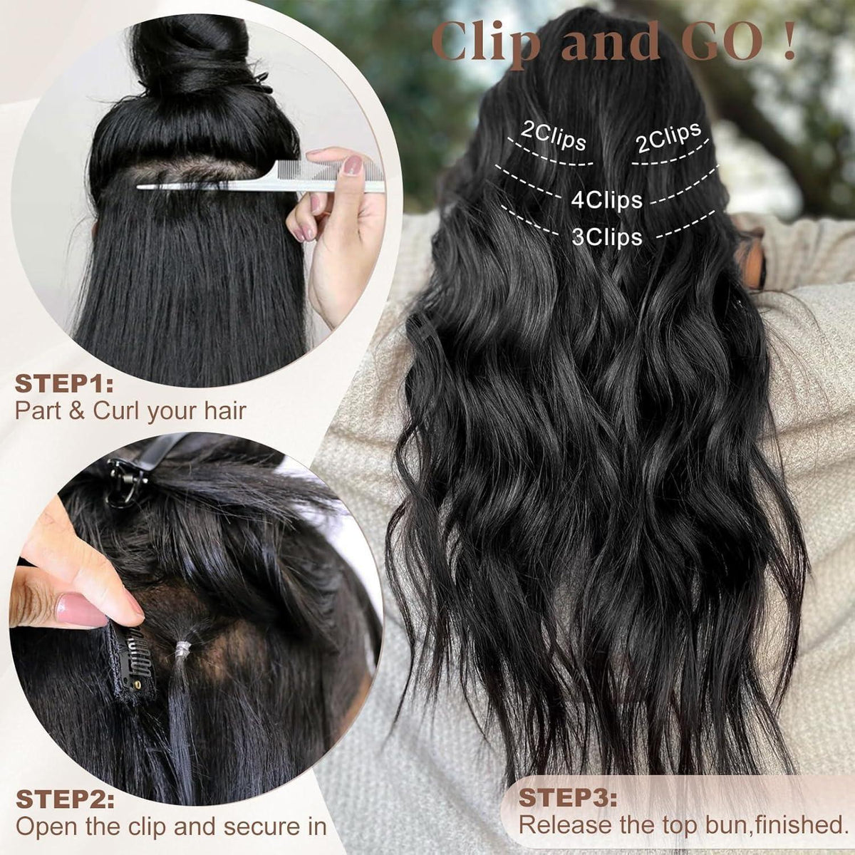 50cm Schwarze Clip-In Haarverlängerung Wellig 1B#