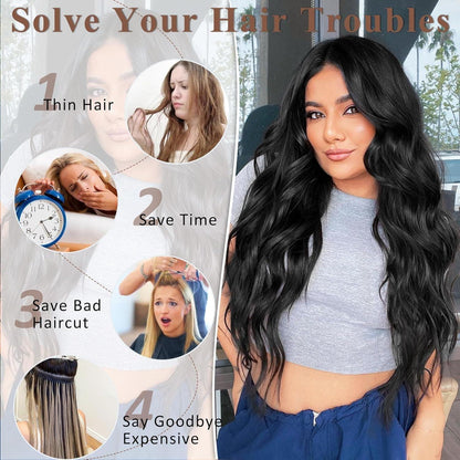 50cm Schwarze Clip-In Haarverlängerung Wellig 1B#