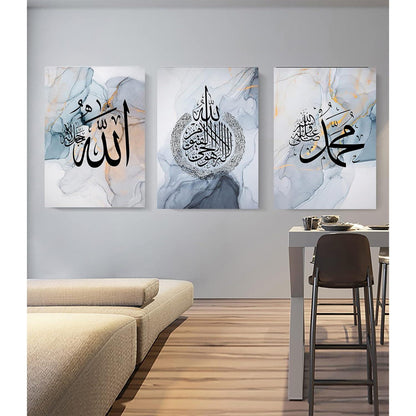 Islamische Kalligraphie Leinwand Bilder Allah Zitate Blau 3er Set 50x70cm