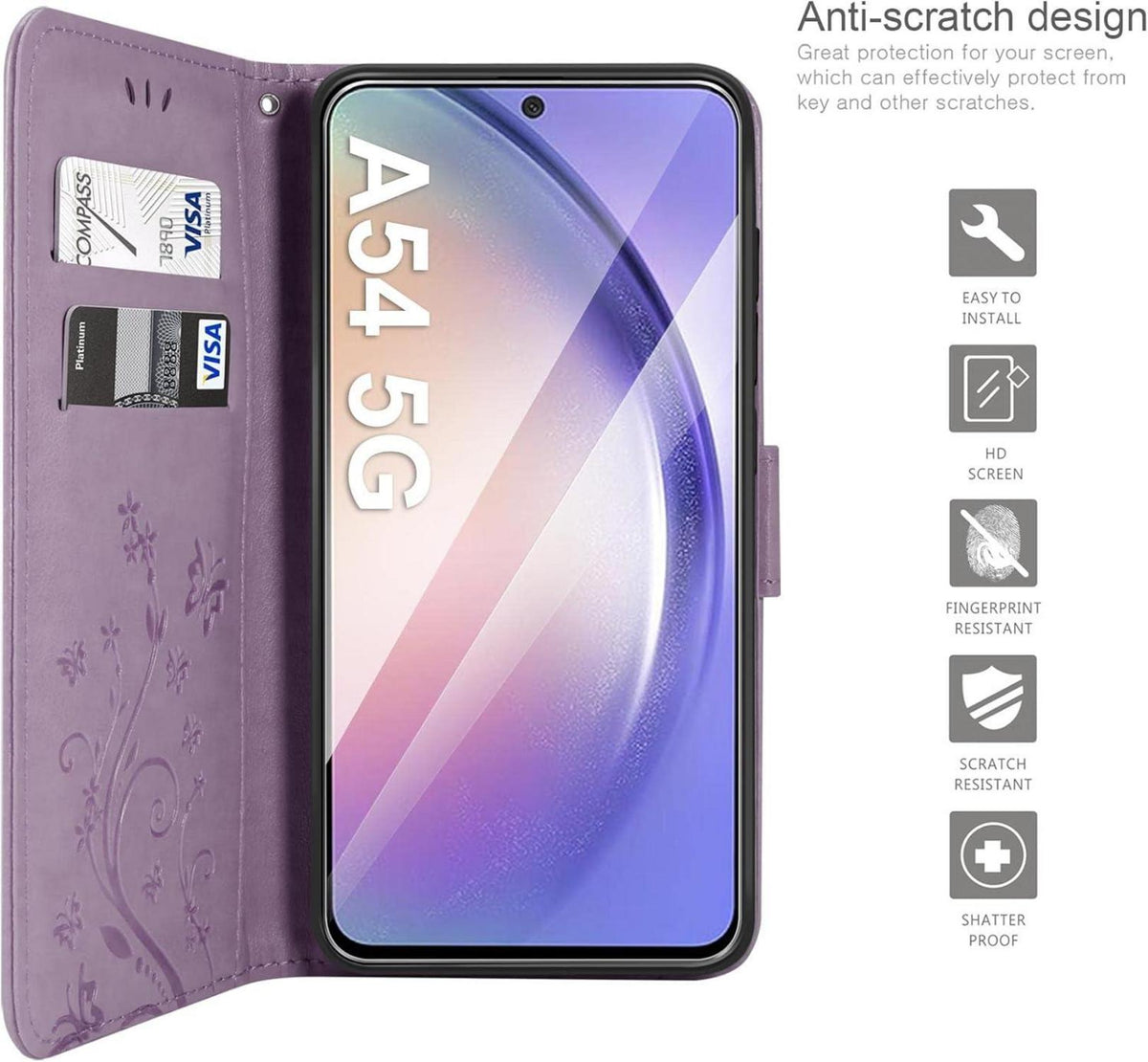 Samsung Galaxy A54 5G Lederhülle mit Schutzfolie und Wallet, Lila