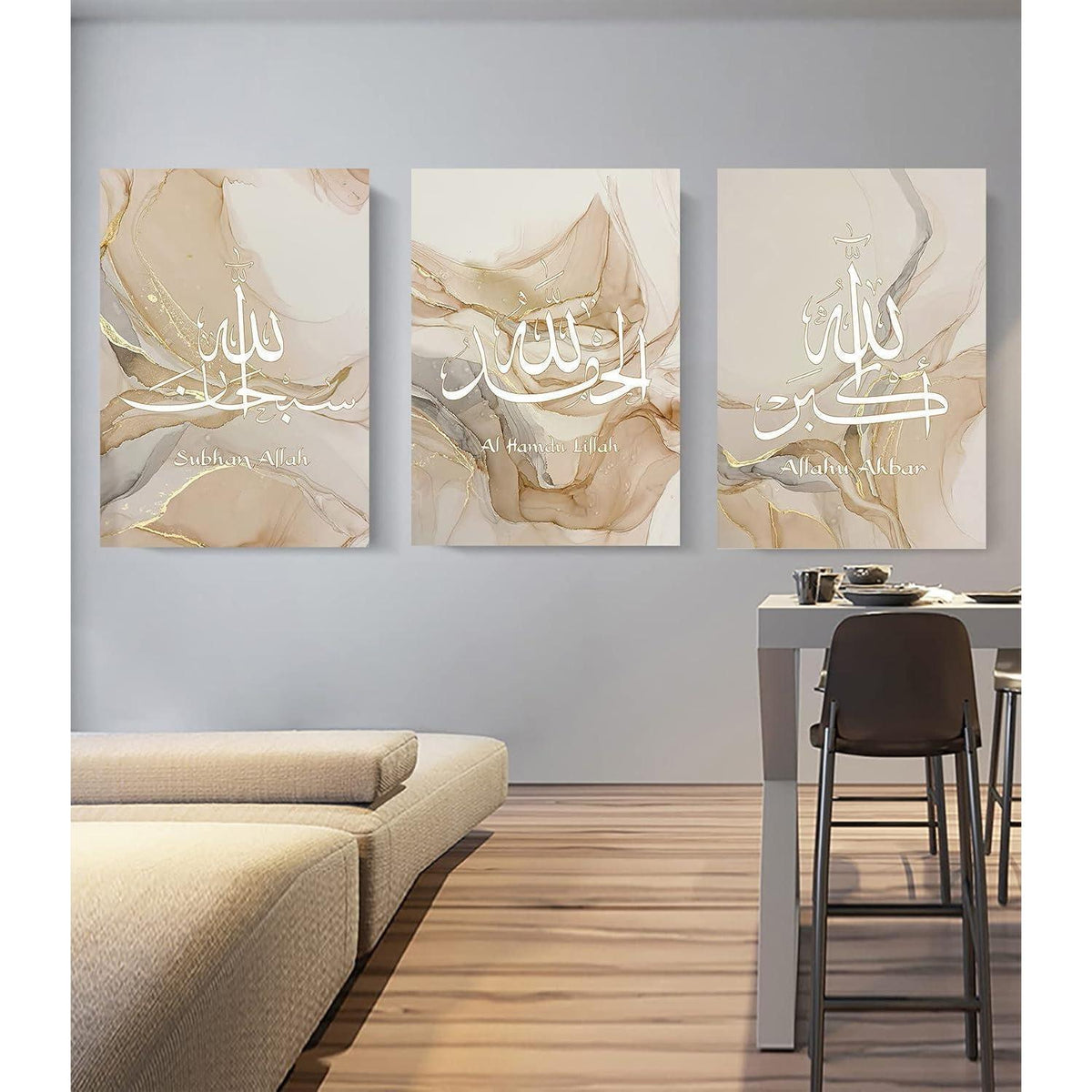 Islamische Kalligraphie Leinwandbilder Marmor-Look, 3er Set 50x70cm