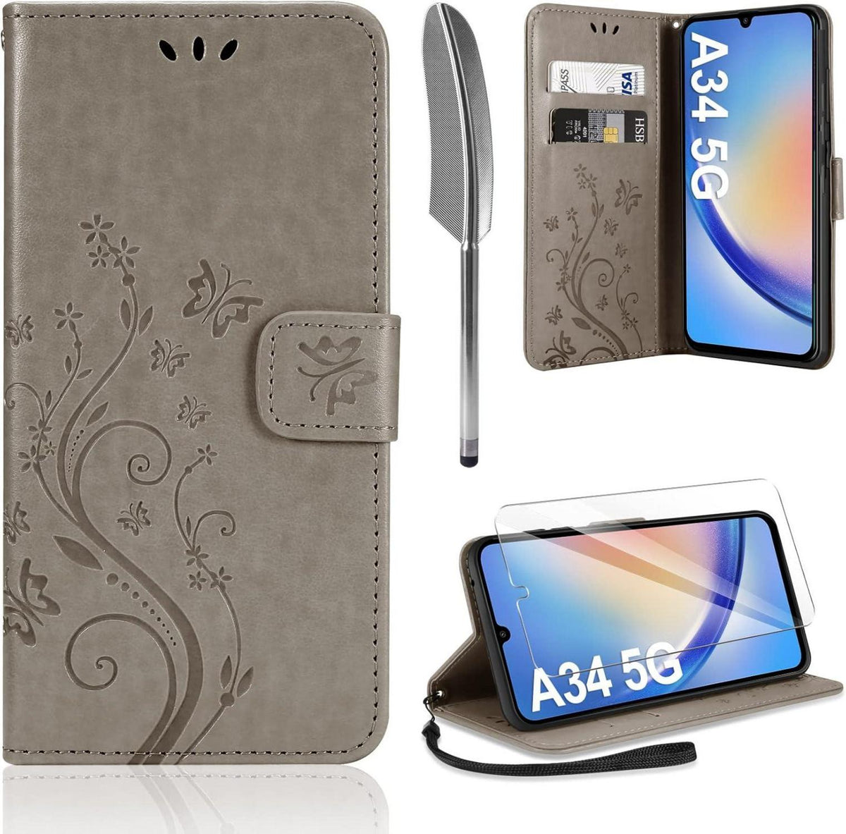 Lederhülle Samsung Galaxy A34 5G Schutzhülle Wallet Cover Grey
