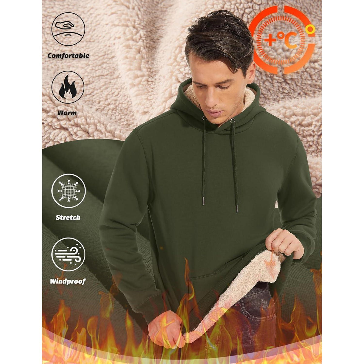 Herren Sherpa Hoodie mit Kängurutasche, Armeegrün, XL
