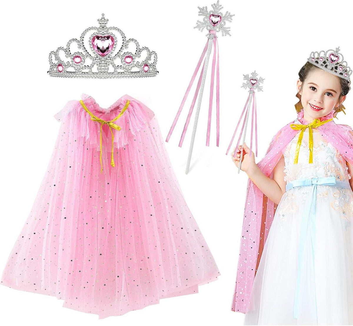 Prinzessin Umhang Tüll Cape Glitzer Krone Zauberstab Set