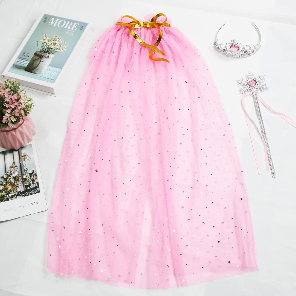 Prinzessin Umhang Mädchen Rosa Tüll Cape Glitzer Krone Zauberstab Kinder Kostüm