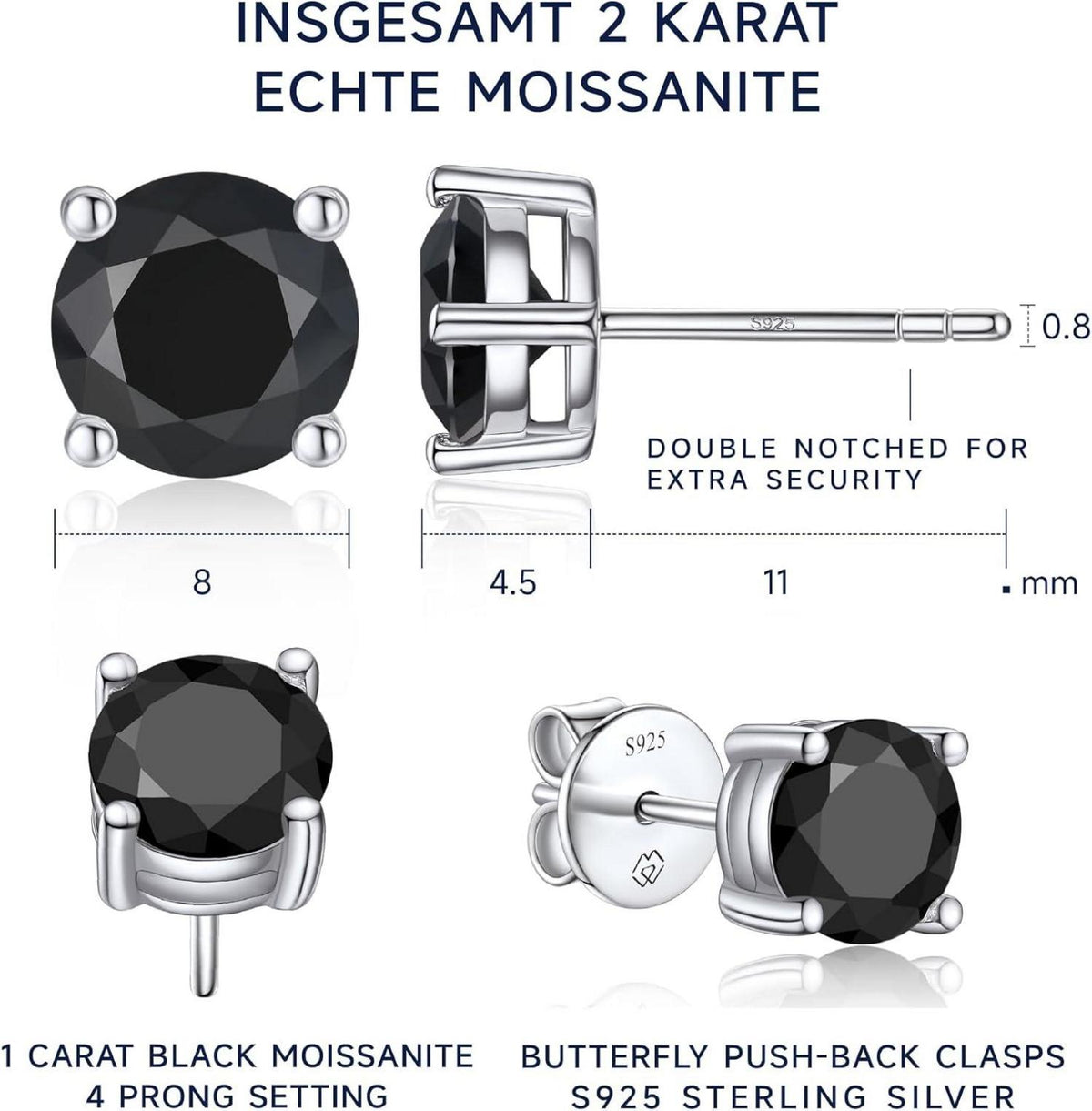 Schwarze Moissanite Ohrstecker 2 Karat Schwarz 925 Silber Herren Damen