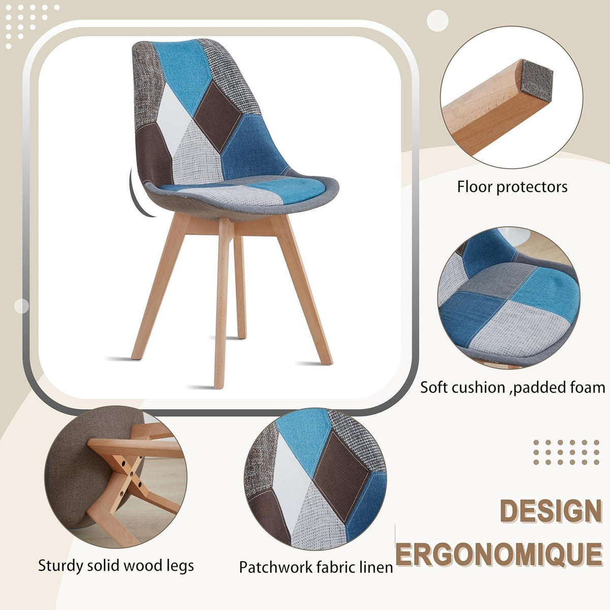 Patchwork Esszimmerstühle Set Blau mit Sitzkissen & Holzbeinen
