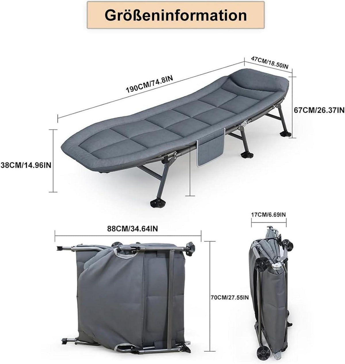 Klappbare Sonnenliege mit Auflage, Campingliege 190x67x38cm