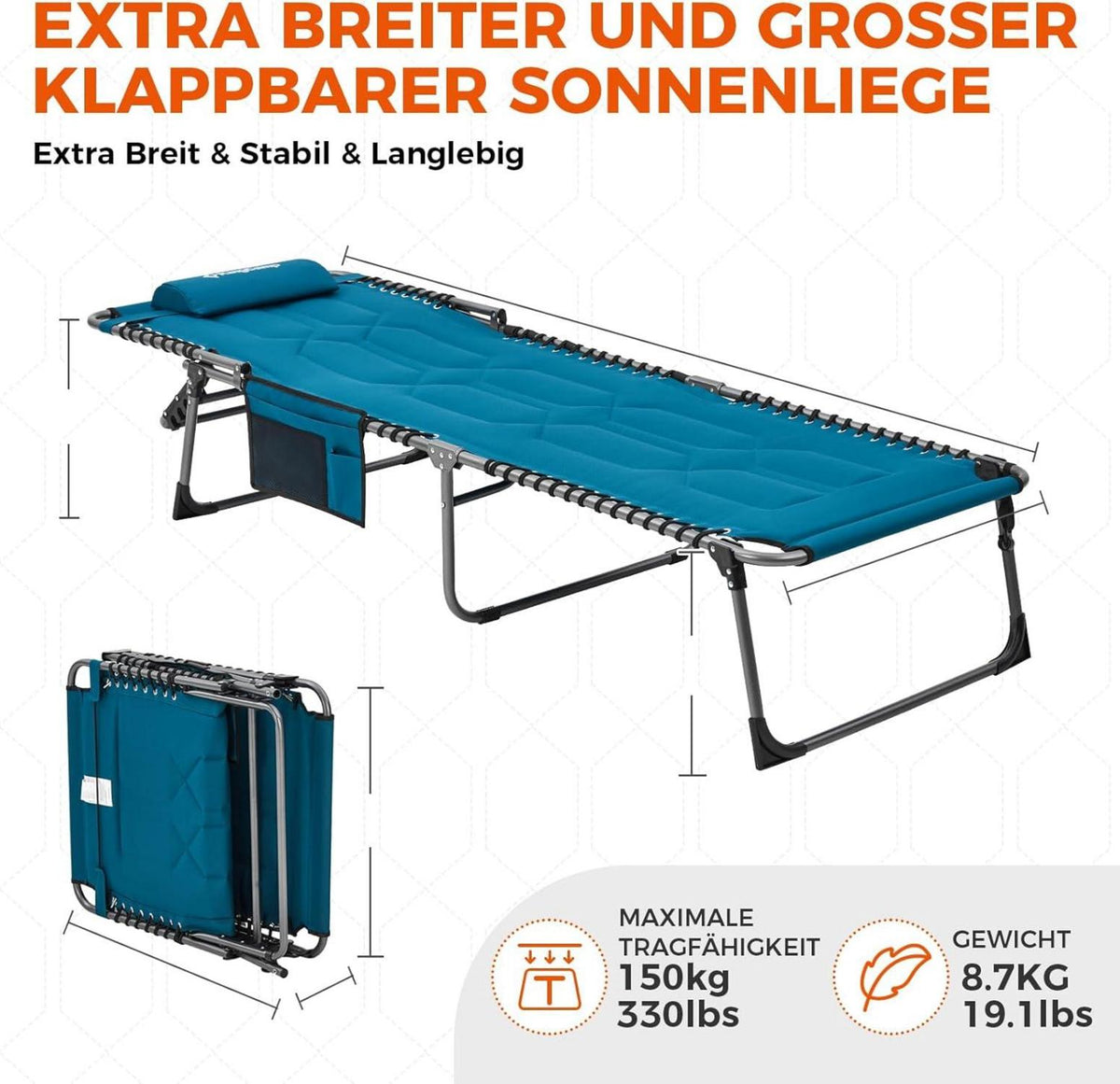 Übergroße Sonnenliege Klappbar Verstellbar Gartenliege Liege mit