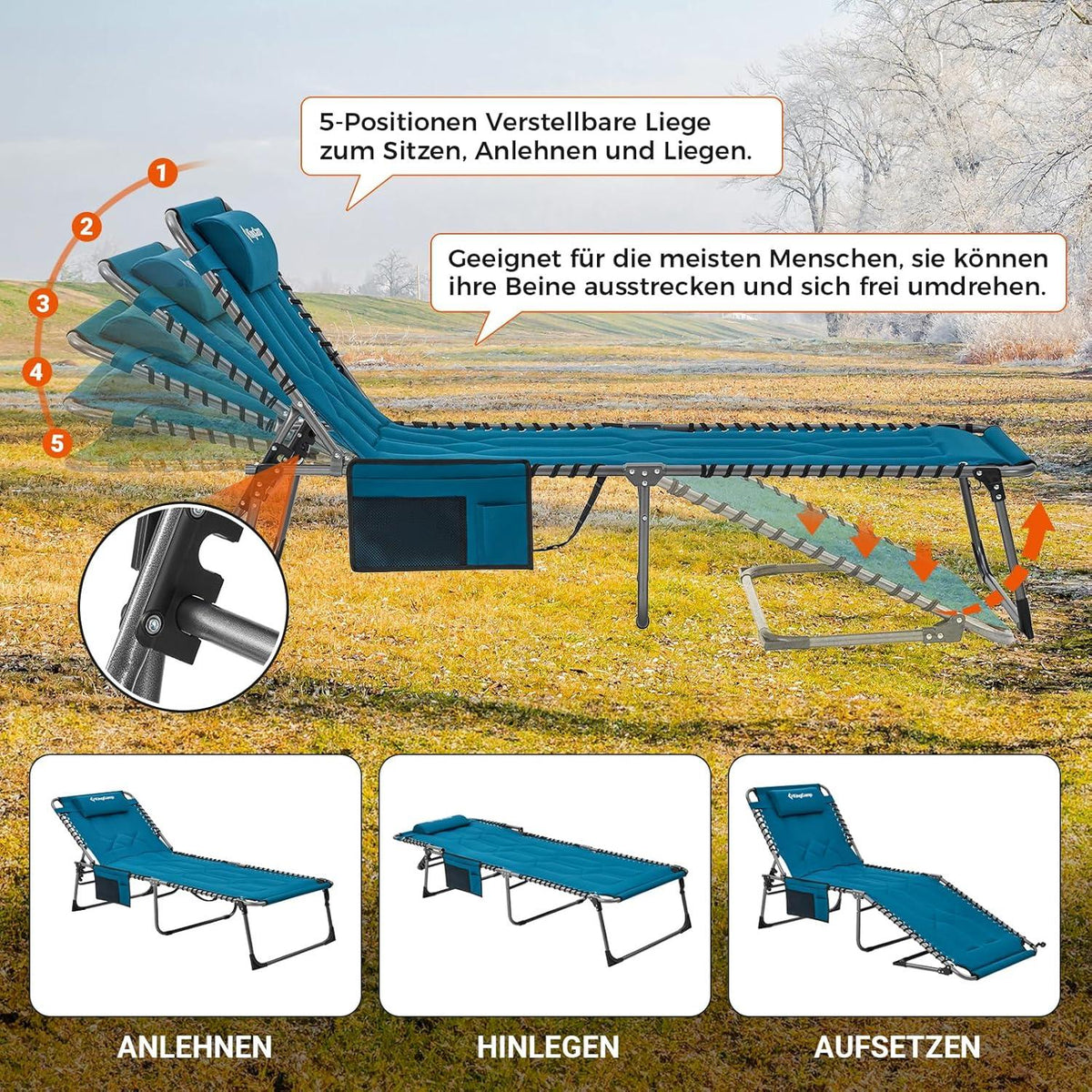 KingCamp Übergroße Sonnenliege Klappbar 5-Fach Verstellbar Gartenliege Blau 200 x 68 cm