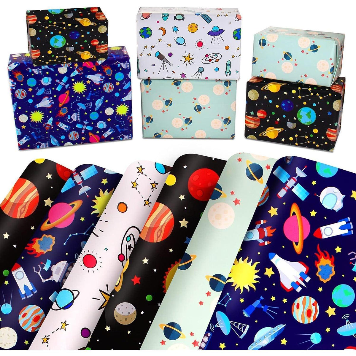 Weltraum Geschenkpapier Set für Kindergeburtstag Blau Weiß