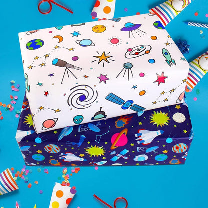 Weltraum Geschenkpapier Set für Kindergeburtstag Blau Weiß