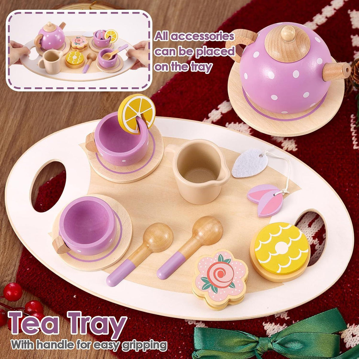 AOLEVA Holz Teeservice Set Kinderküche Zubehör Tee Spielzeug