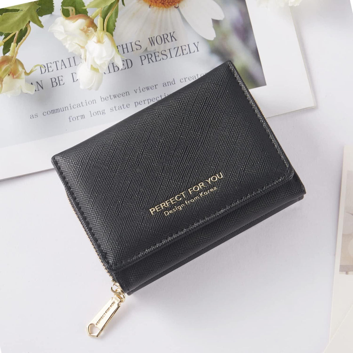 Geldbörse Damen klein Schwarz vegetarisches Leder, elegant mit großem